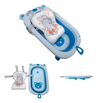 Tina Bañera Para Bebe Plegable Cojin Acolchado + Base Alta Color Azul Oso