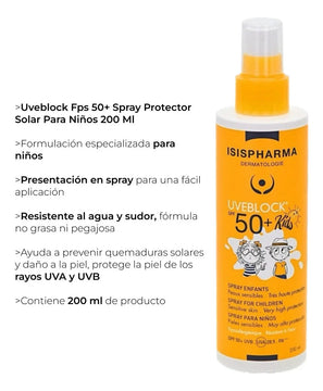 Protector solar infantil Isispharma Uveblock Uveblock Kids 50FPS en atomizador 200mL