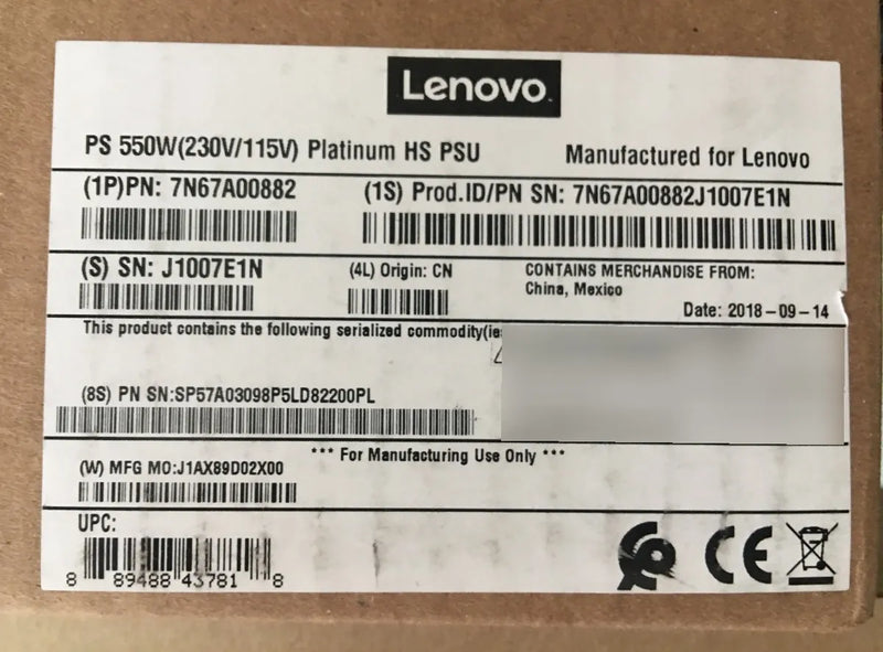 Fuente De Poder Lenovo Thinksystem 550w Platinium 7n67a00882
