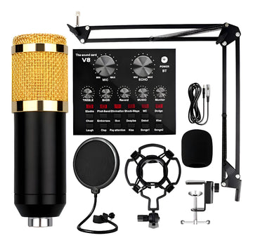 Kit Micrófono Condensador Profesional Con Tarjeta Sonido V8 Dorado