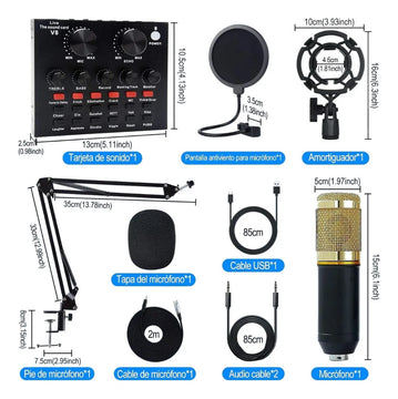 Micrófono Profesional Condensador+brazo+tarjeta Sonido V8 Dorado