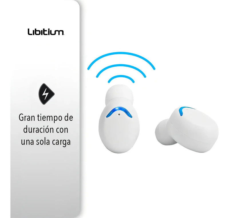 Audífonos Inalámbricos Bluetooth Libitium AUDI-B Color Blanco/Azul con Estuche de Carga