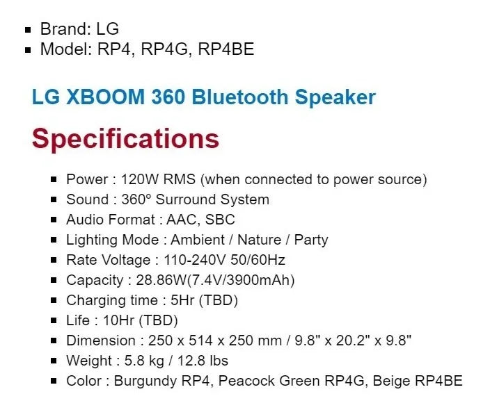 Altavoz Bluetooth Inalámbrico Portátil Lg Rp4 Xboom 360 Azul Petróleo
