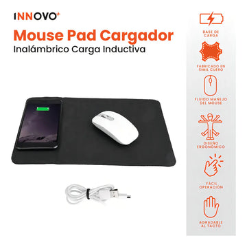 Mouse Pad Con Cargador Inalambrico Inductiva Para Celular Elegante Cuero Color Negro