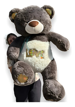 Oso De Peluche Gigante Metro Y Medio 1,55 + Moño + 3 Globos Gris Oscuro
