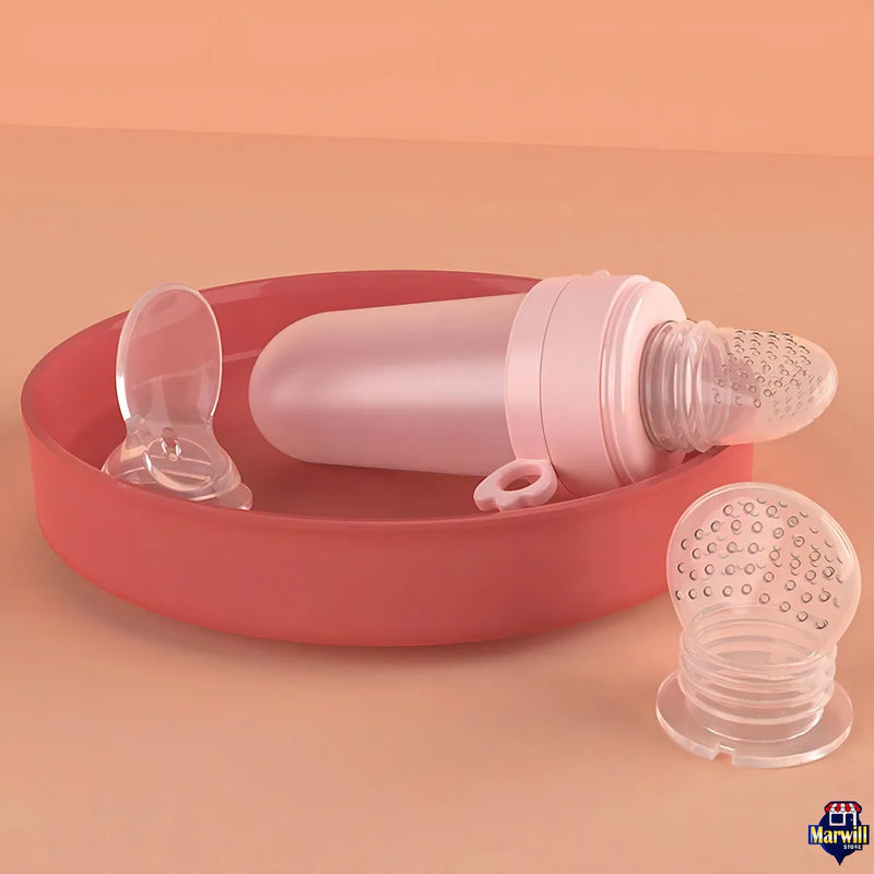 Biberón Tetero Dispensador Alimentos Bebés 40 Ml Uso Rosado Chupo 3 Tamaño Alimento + Cuchara Dispensar Ayuda Habilidades Control Sin Bpa Libre Bps Sin Ftalatos Silicona Grado Alimenticio Versátil