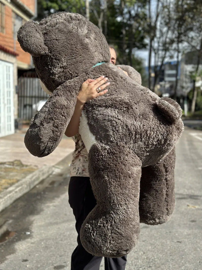 Oso De Peluche Gigante Metro Y Medio 1,55 + Moño + 3 Globos Gris Oscuro