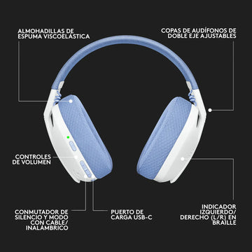 Logitech G435, Diadema Gamer Inalámbrica + Bt / Pc, Ps5 - Bl Color Blanco crudo/Lila