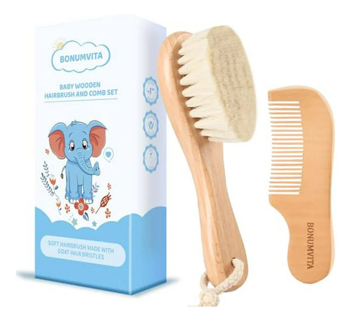 Set De Cepillo Y Peine De Madera Para Bebé, Cerdas De Cabra