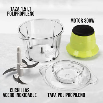 Combo de 2 Picadoras Eléctricas 300W con 4 Cuchillas de Acero Inoxidable, Capacidad de 1.5L para Carnes, Verduras y Frutas, Color Verde, Chef Master.