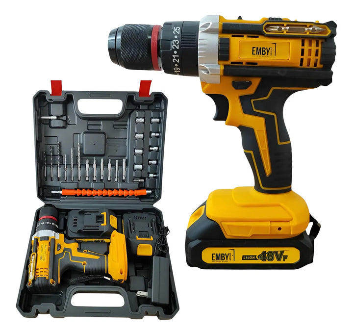 Taladro Inalambrico Percutor Kit Accesorios Reversible - Amarillo