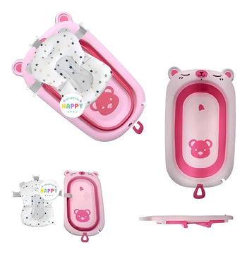 Tina Bañera Para Bebe Plegable Cojin Acolchado + Base Alta Color Rosa Oso