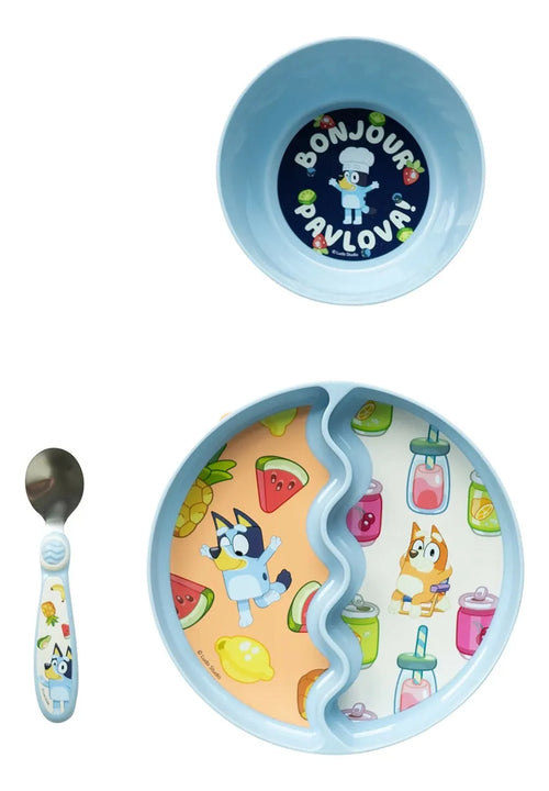 Bluey Juego X3 Piezas, Hora De Comer Con Plato De Succión Celeste Bluey 3-piece