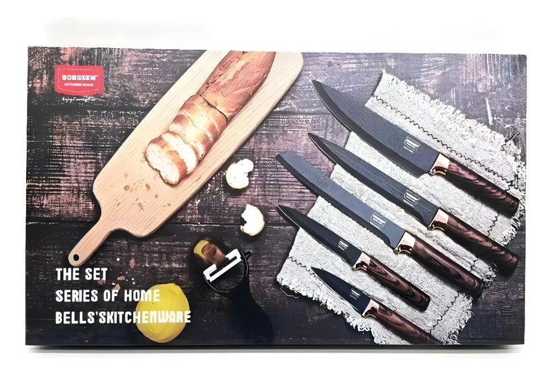 Set De 5 Cuchillos Mango De Madera + Pelador Juego Cuchillos Color Negro/madera