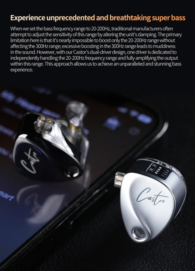 Auriculares KZ castor standard Monitores In-ear con Switch de 4 Controladores Plateado con Micrófono