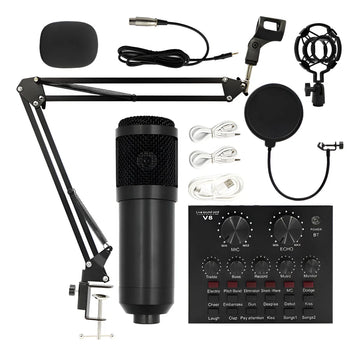 Micrófono Profesional Condensador+brazo+tarjeta Sonido V8 Dorado