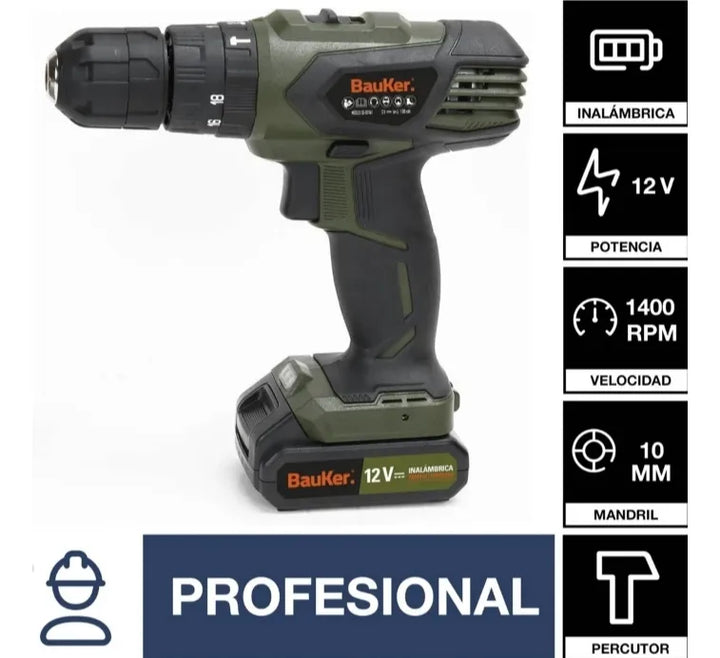 Bauker Taladro Percutor Inalámbrico 12v + 1 Batería+29 Acc