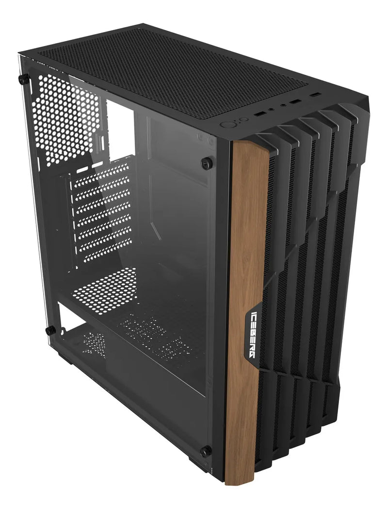 Chasis Iceberg Wood Core Gamer Con 6 Ventiladores Argb Negro