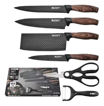Set Cuchillos 6 Piezas Profesional Cocina Diseño Relieve Negro