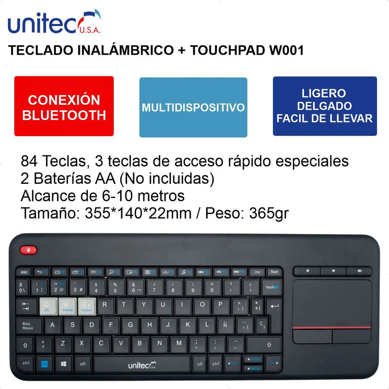 Teclado Inalámbrico Con Touchpad W001 Unitec Teclado Negro Idioma Qwerty