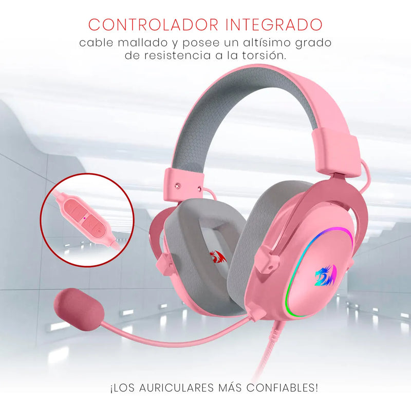 Auriculares gamer Redragon Gamer Zeus X H510-RGB rosa con luz LED