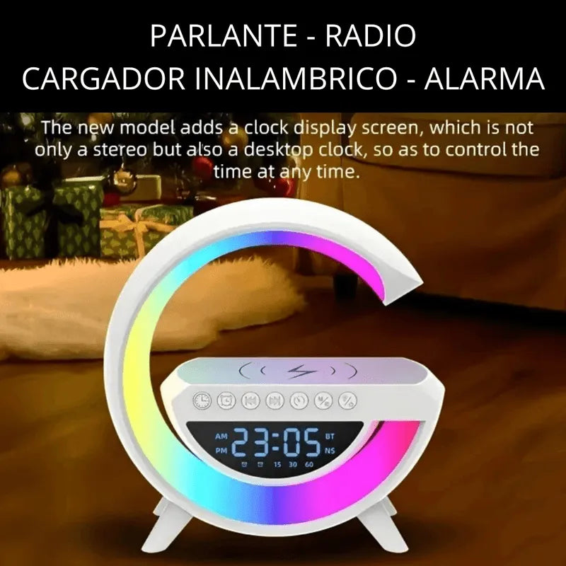 Parlante Lámpara G Cargador Inalámbrico Reloj Bluetooth Blanco