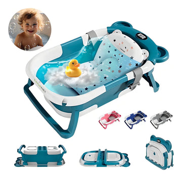 Bañera Tina Baño Bebe Plegable Portátil Con Cojín Termómetro Color Azul