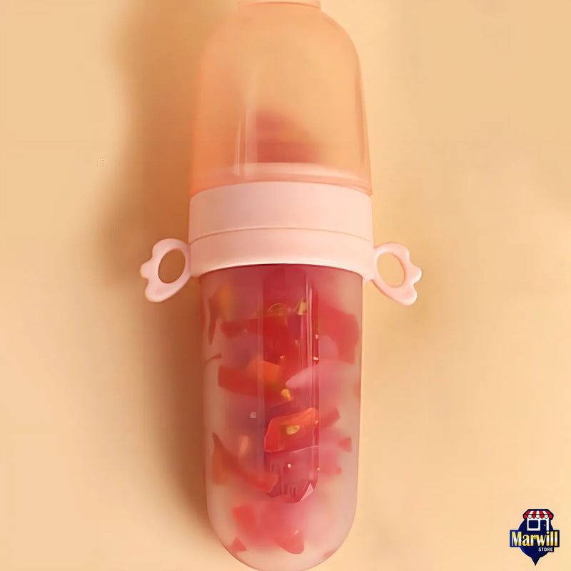 Biberón Tetero Dispensador Alimentos Bebés 40 Ml Uso Rosado Chupo 3 Tamaño Alimento + Cuchara Dispensar Ayuda Habilidades Control Sin Bpa Libre Bps Sin Ftalatos Silicona Grado Alimenticio Versátil