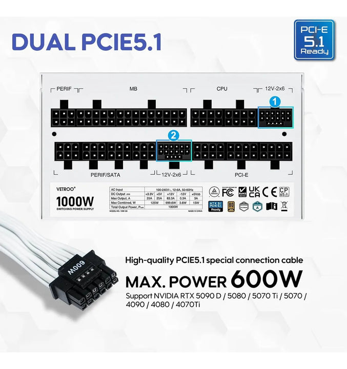 Fuente De Poder 1000w Atx 3.1, Pcie 5.1, 80+ Gold Vetroo Blanco