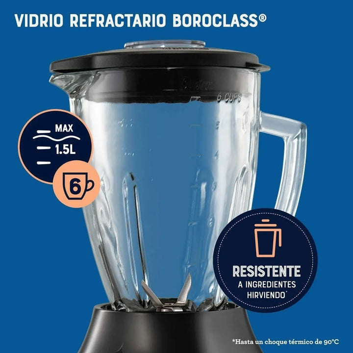 Oster® Licuadora, con Vaso de Vidrio Refractario Boroclass® y 6 Velocidades más Pulso, Ideal para Recetas Frias y Calientes, Negro, BLSTPEGBPB
