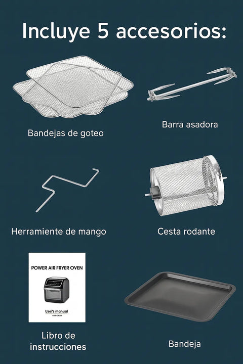 Horno Mesa Air Fryer 12 L Freidora Aire Accesorios Brochetas Negro