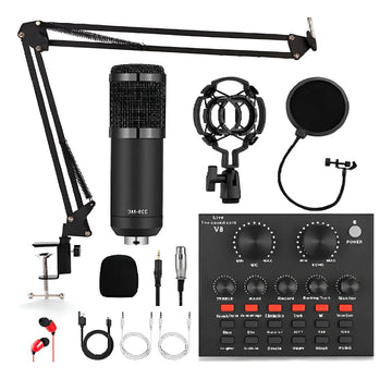 Kit Micrófono Condensador + Tarjeta Sonido + 9 Accesorios Negro