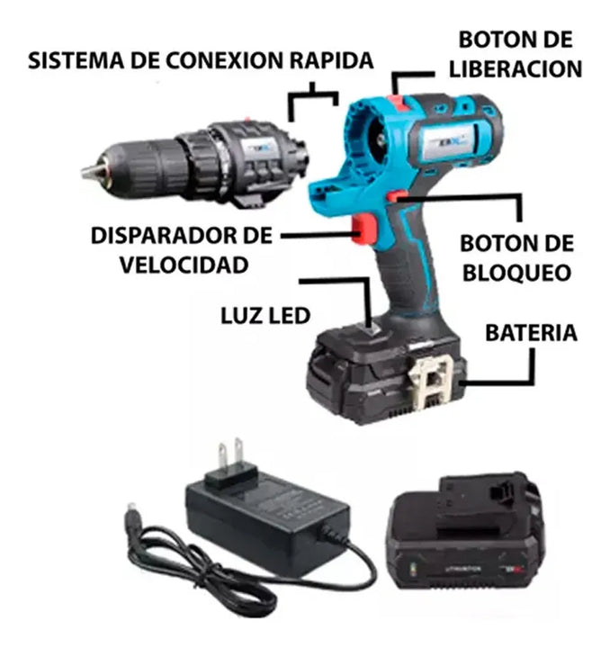 Taladro Inalambrico Intercambiables 5 Cabezas 2 Baterias 68v - Azul Petróleo