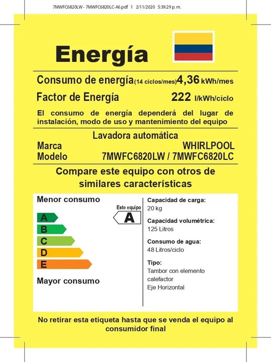 Lavasecadora Whirlpool 20 Kg 7mwfc6820lw Blanco