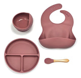 Kit Alimentación Bebe Niño Vajilla En Silicona Plato Babero Color Rosa Liso