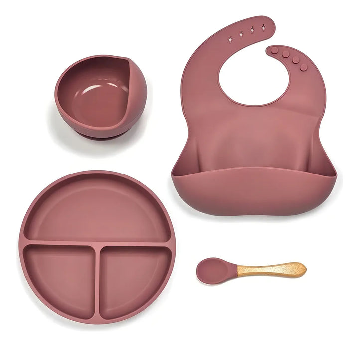 Kit Alimentación Bebe Niño Vajilla En Silicona Plato Babero Color Rosa Liso