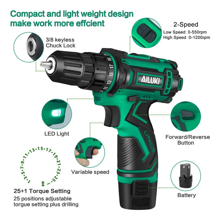 Kit De Taladro Inalámbrico, 67piezas, Batería De Litio Verde Musgo