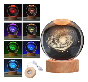 3d Lampara De Noche Led Galaxia Bola Cristal, Sistema Solar,luz Nocturna Colorida Led 3d Galaxia Bola De Cristal,base De Madera Regulable Modelo De Planeta De Amigos Y Amantes Navideños Para Niños