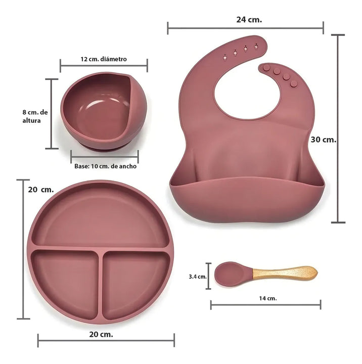 Kit Alimentación Bebe Niño Vajilla En Silicona Plato Babero Color Rosa Liso