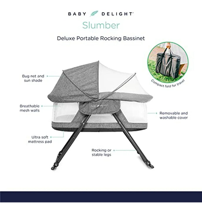 Cuna Mecedora Portátil Con Dosel Removible, Gris Tweed