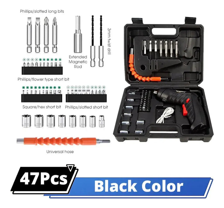 Destornillador Electrico Estuche 47 Accesorios Portatil Luz - Negro - 50-60 Hz