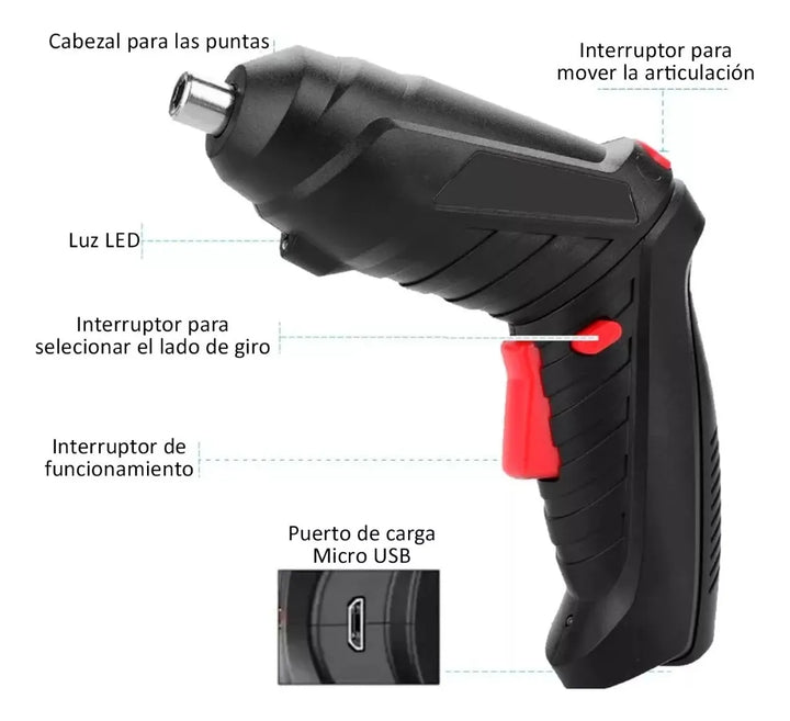 Destornillador Atornillador Electrico Inalambrico Recargable Negro