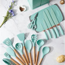 Set Utensilios Cocina Silicona + Set Cuchillos X19 Pcs Verde Turquesa