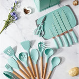 Set Utensilios Cocina Silicona + Set Cuchillos X19 Pcs Verde Turquesa