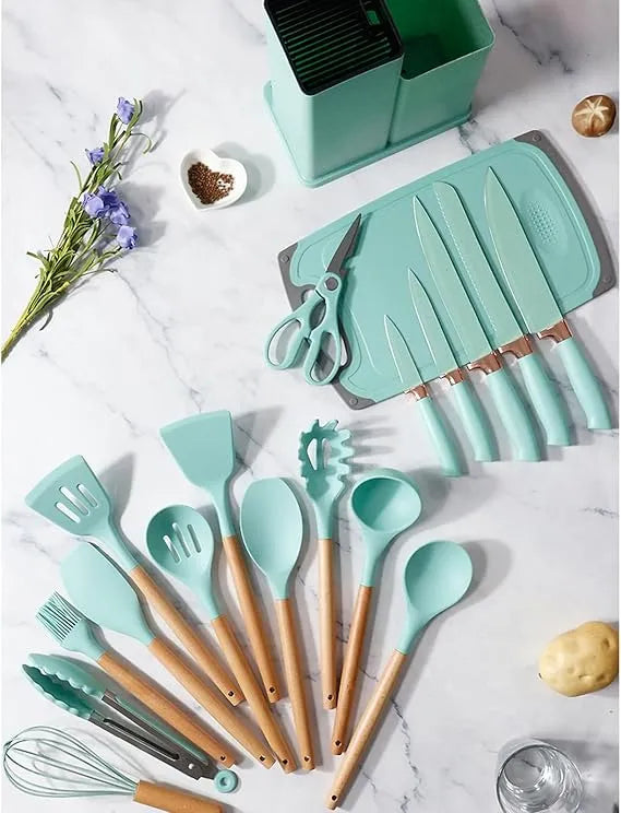 Set Utensilios Cocina Silicona + Set Cuchillos X19 Pcs Verde Turquesa