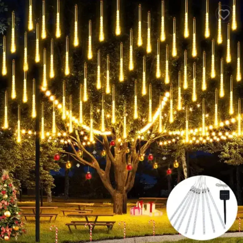 Luz Navideña Led Lluvia De Meteoro Panel Solar Luces Amarillo