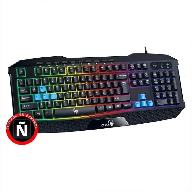 Teclado Genius QWERTY Membrana español color negro con luz de 7 colores