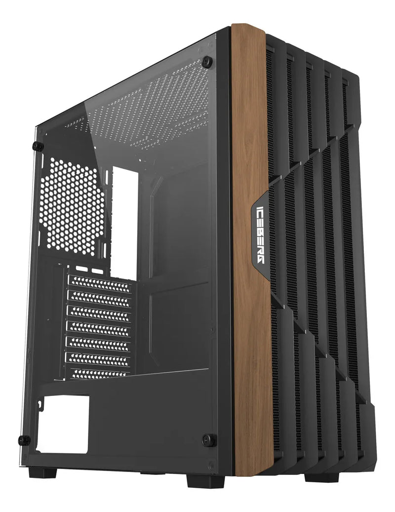 Chasis Iceberg Wood Core Gamer Con 6 Ventiladores Argb Negro
