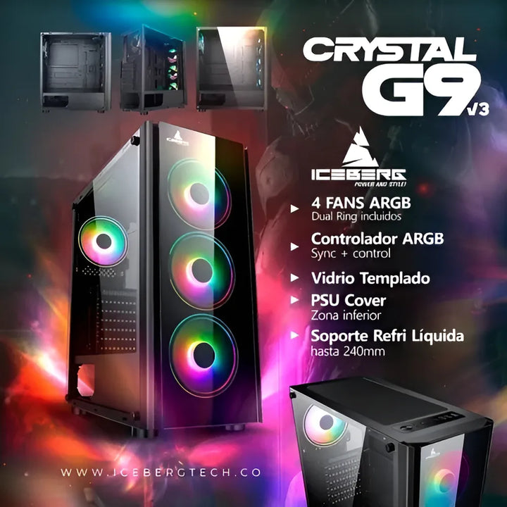Caja Gabinete Iceberg Crystal G9 Atx - 4 Ventiladores Rgb Color Negro