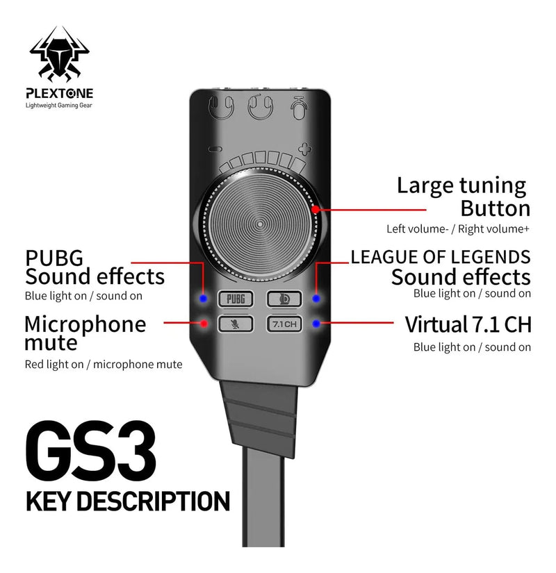Tarjeta De Sonido Gamer Usb De 7.1 Control Vol Gs3 Mark Ii